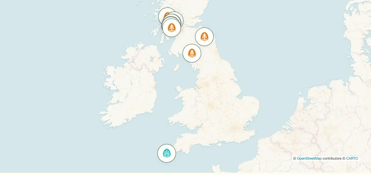Map showing Argyll Holidays parks across Scotland and Cornwall