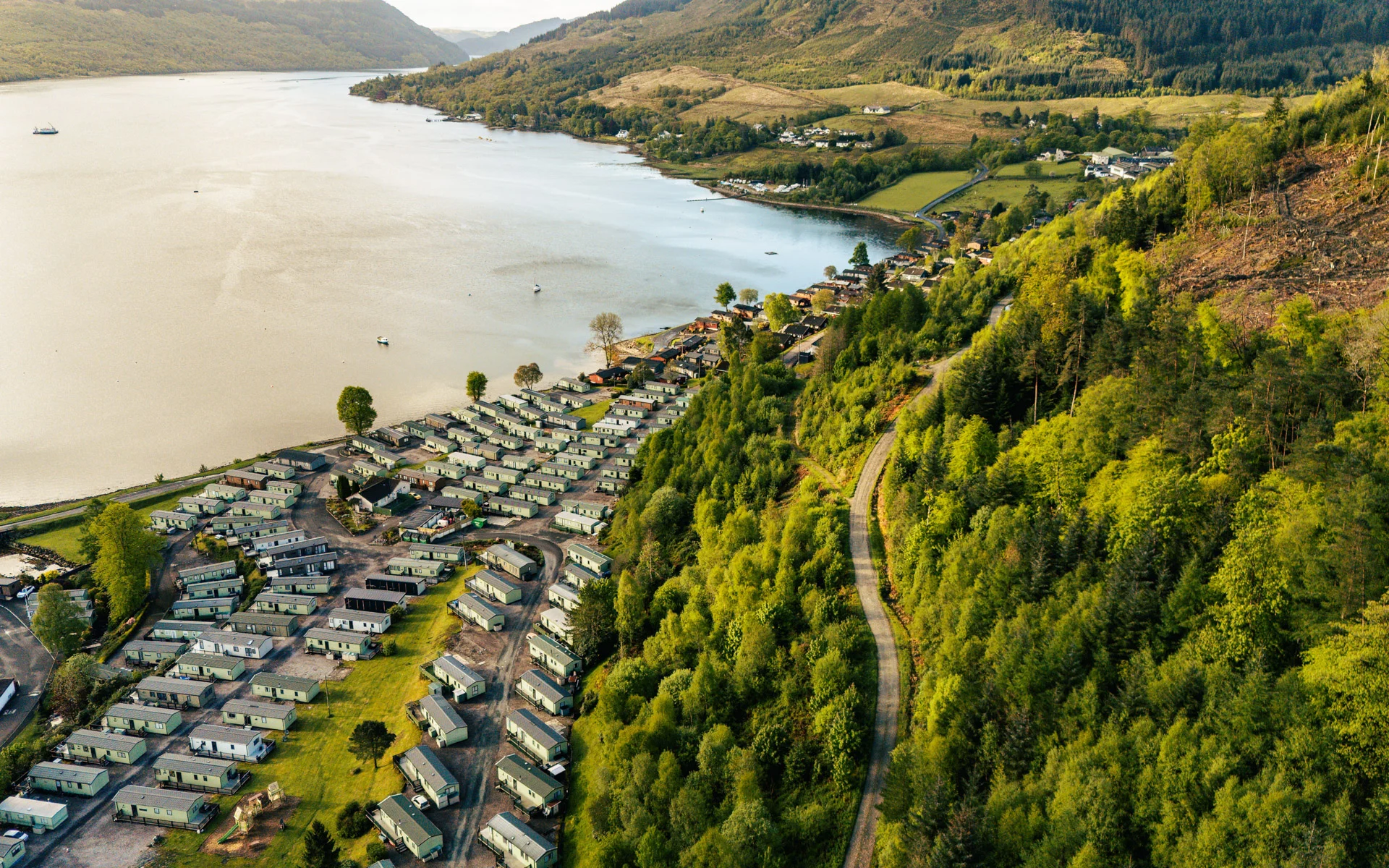 Aerial view of Drimsynie Estate beside Loch Goil