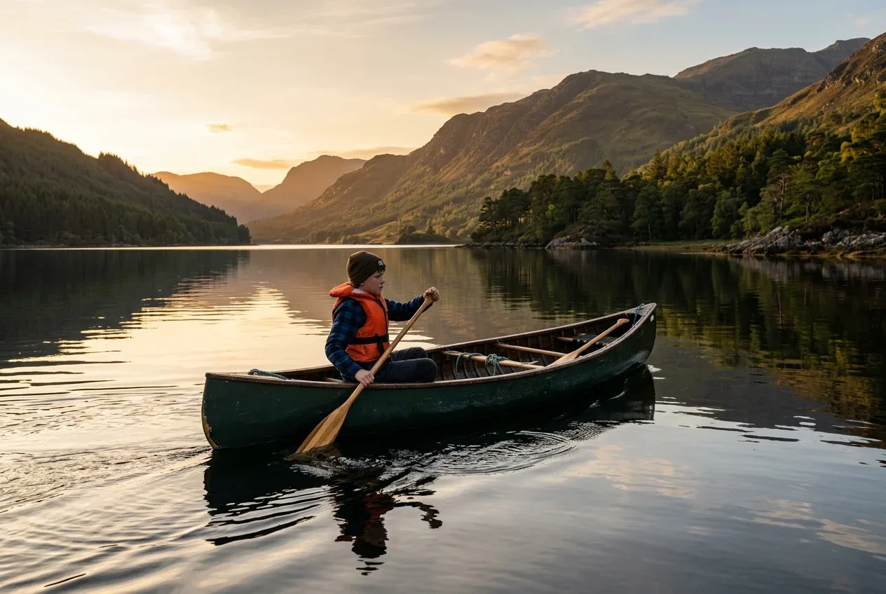Boy paddling a canoe on a Scottish loch