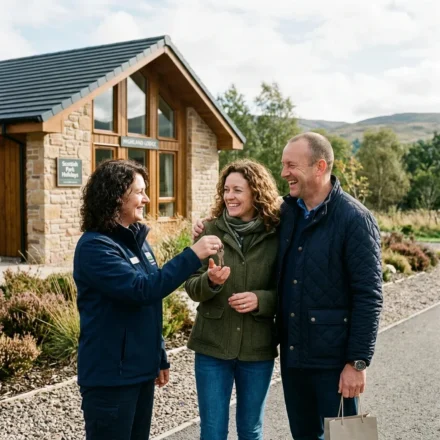 Family outside their holiday home in a park setting